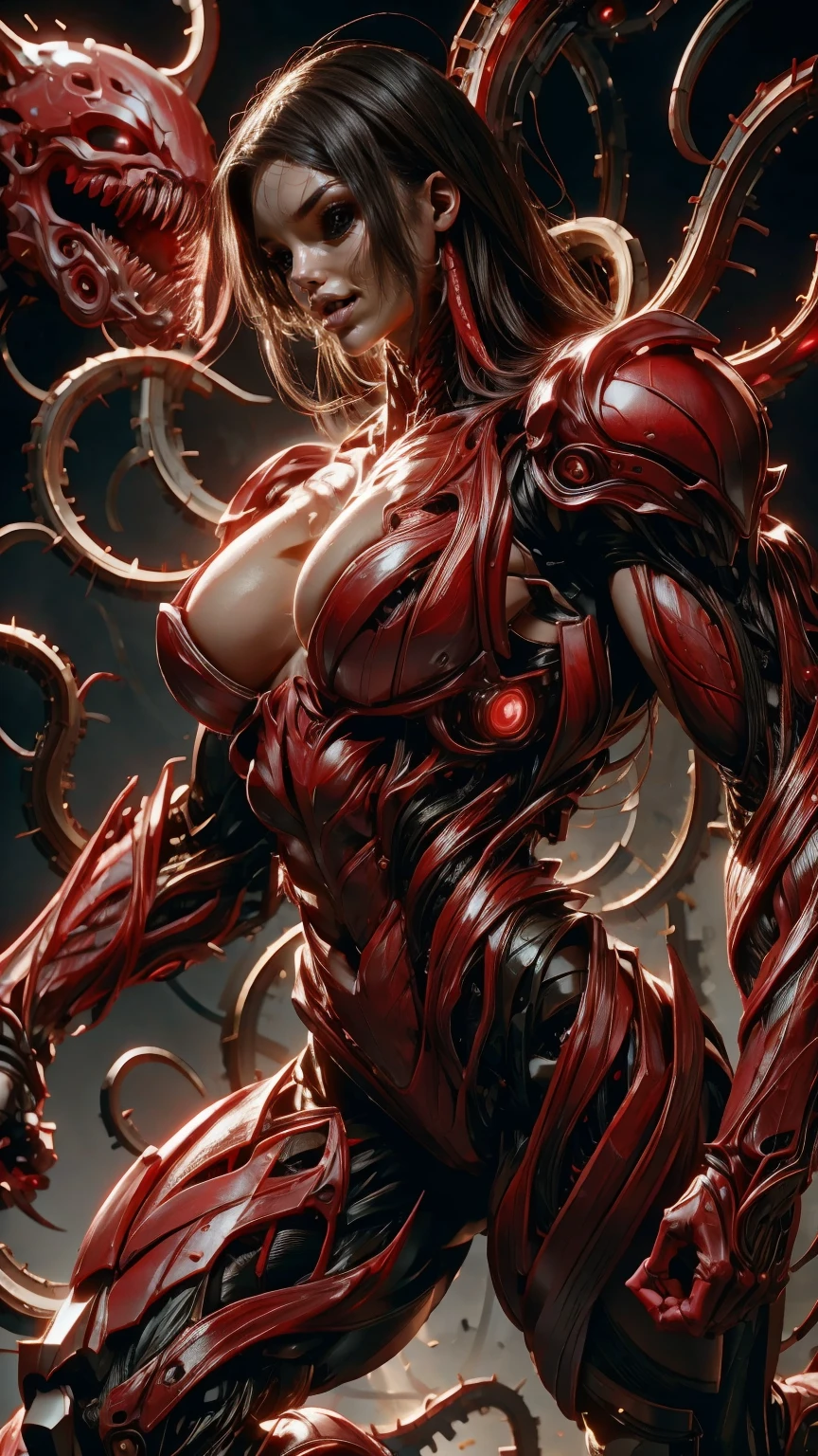 a portrait of Megan fox as armored carnage, (red carnage skinless muscular bio-mecha armor:1.25), (mouth wide open, carnage style:1.25), (full body view:1.25), Realistic, Very detailed face and eyes, (masterpiece:1.1), (beautiful girl face:1.45)