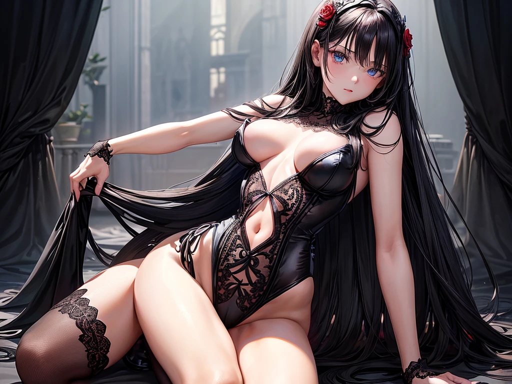 (depcit young girl), (((elegant black lace leotard))), (((transparent))), topless, dark hair, long hair, straight hair, red rose, blue eyes, thin , small breasts, nice hips, open shoulders, kneeling, open pussy, shooting photo