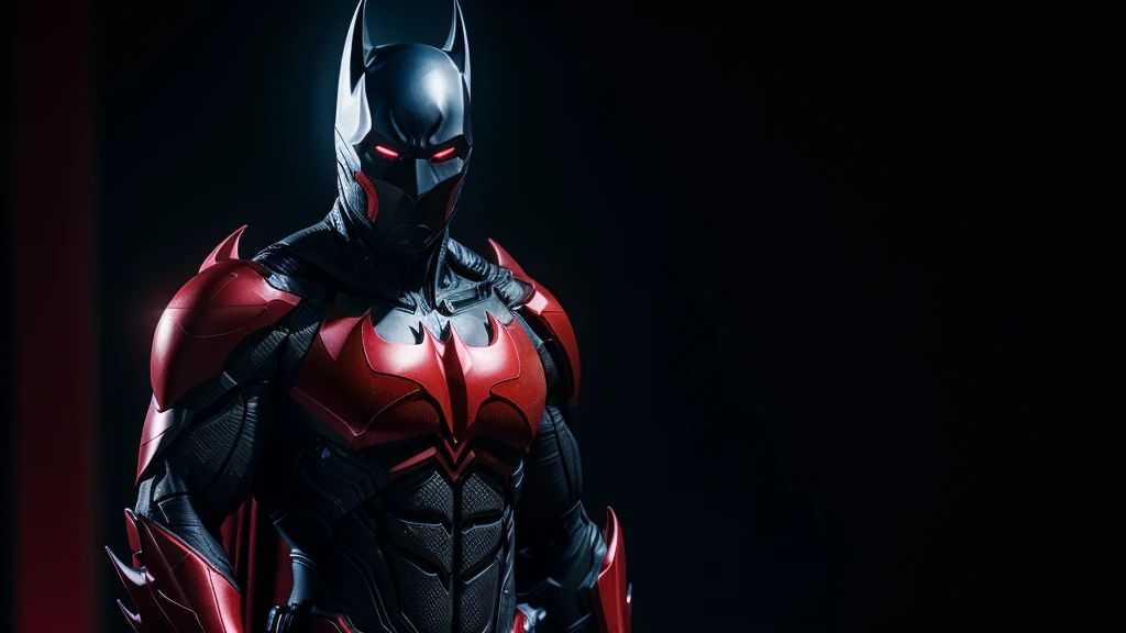 cinematic film still of  batman cyborg a man in a red costume standing in front of a black background, shallow depth of field, vignette, highly detailed, high budget, bokeh, cinemascope, moody, epic, gorgeous, film grain, grainy