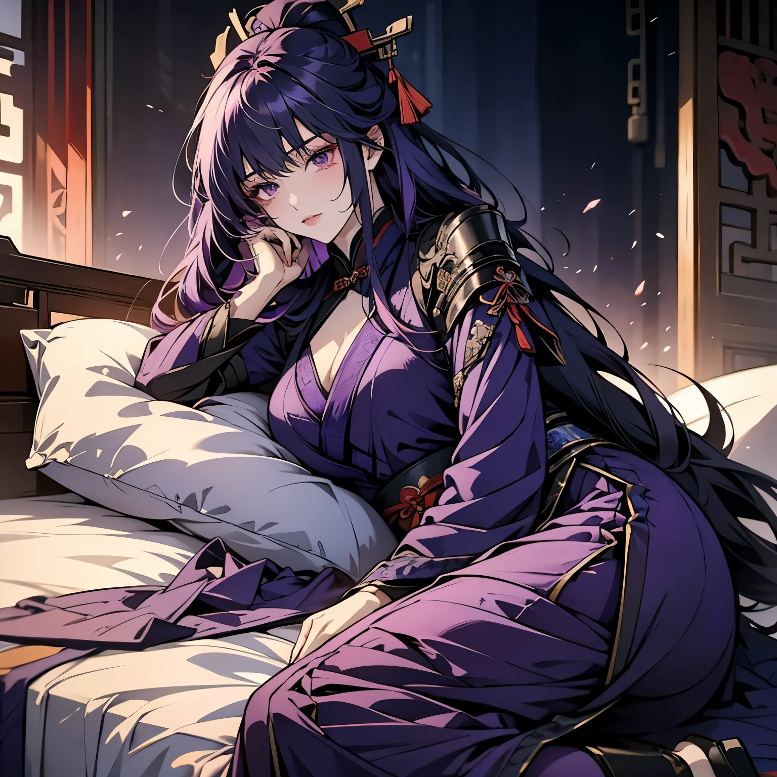 1 women, Raiden Shogun - genshin impact, long purple hair, violet eyes, violet chinese clothes, ultra long skirt, lying on the bed in chinese room