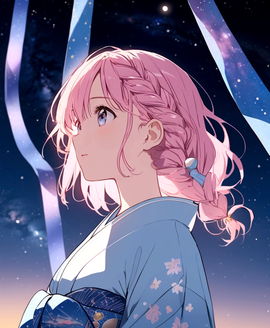 Light pink hair, braided hair, ((Tanabata Festival)), ((Pale blue kimono)), looking up at the night sky, ((Milky Way in the background))