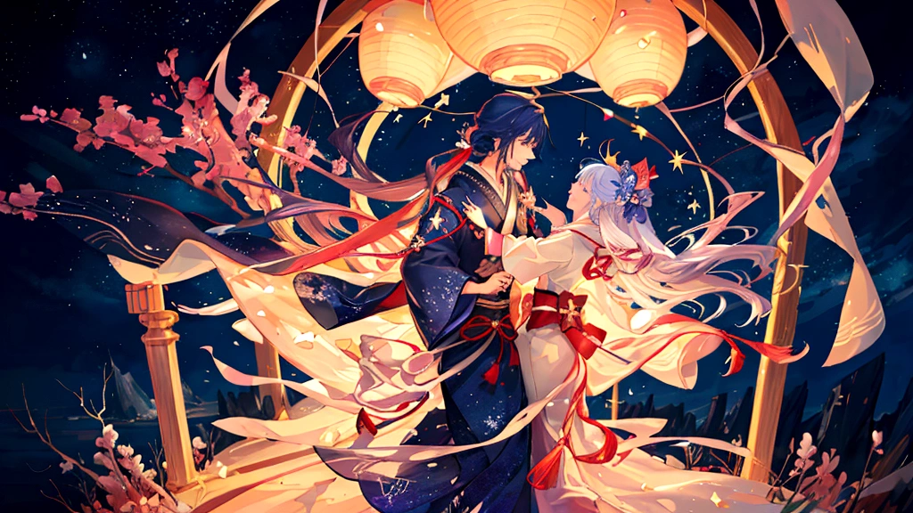 A magical scene depicting the Tanabata legend of Orihime and Hikoboshi. The setting is a celestial night sky with countless stars and the Milky Way creating a shimmering path. Orihime, dressed in a flowing traditional Japanese kimono, and Hikoboshi, in a matching elegant robe, are portrayed as graceful and ethereal figures. They are meeting on a beautiful celestial bridge made of stars, appearing radiant and joyous. The background features soft, glowing clouds and mystical auroras that enhance the romantic and mythical atmosphere. Surrounding the couple, there are delicate, floating paper lanterns and gentle lights that add a dreamy quality to the scene