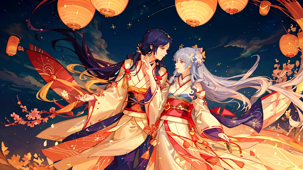 A magical scene depicting the Tanabata legend of Orihime and Hikoboshi. The setting is a celestial night sky with countless stars and the Milky Way creating a shimmering path. Orihime, dressed in a flowing traditional Japanese kimono, and Hikoboshi, in a matching elegant robe, are portrayed as graceful and ethereal figures. They are meeting on a beautiful celestial bridge made of stars, appearing radiant and joyous. The background features soft, glowing clouds and mystical auroras that enhance the romantic and mythical atmosphere. Surrounding the couple, there are delicate, floating paper lanterns and gentle lights that add a dreamy quality to the scene