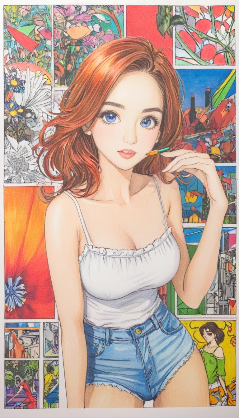 female,short camisole,white,Art,ad,colour pencil drawing,draft drawing ,comic collage
