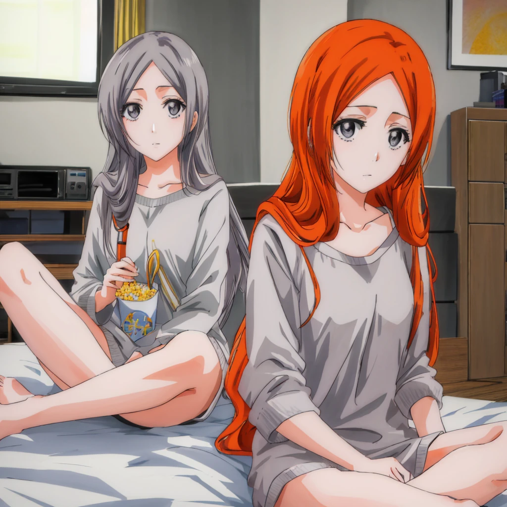 Anime style art, orihime, inoue orihime, 1girl, sitting on blue bed, long hair, orange hair, (grey eyes:1.5), wearing yellow pajamas, watching tv, eating popcorn, dark room