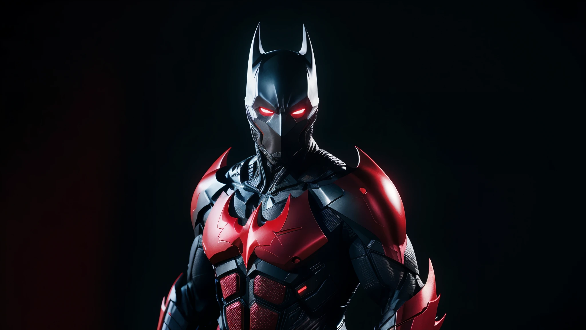 cinematic film still of  batman cyborg a man in a red costume standing in front of a black background, shallow depth of field, vignette, highly detailed, high budget, bokeh, cinemascope, moody, epic, gorgeous, film grain, grainy