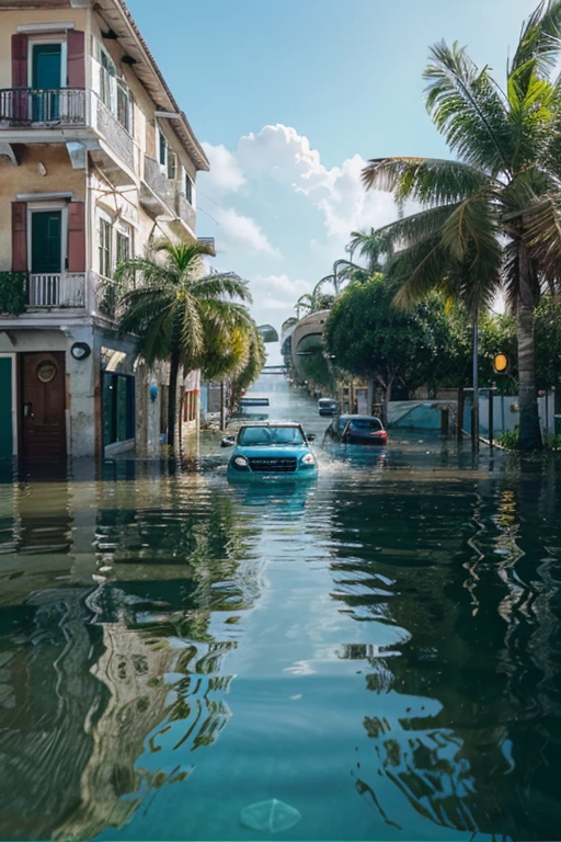 photorealistic depiction of a old city in flood, flood is crystal clear, blue emerald water, cars floating, super sunny, realistic splash of water, water is clean, no pollution, water like in bahamas, close up view from below water, a car hit water and water splash realistically