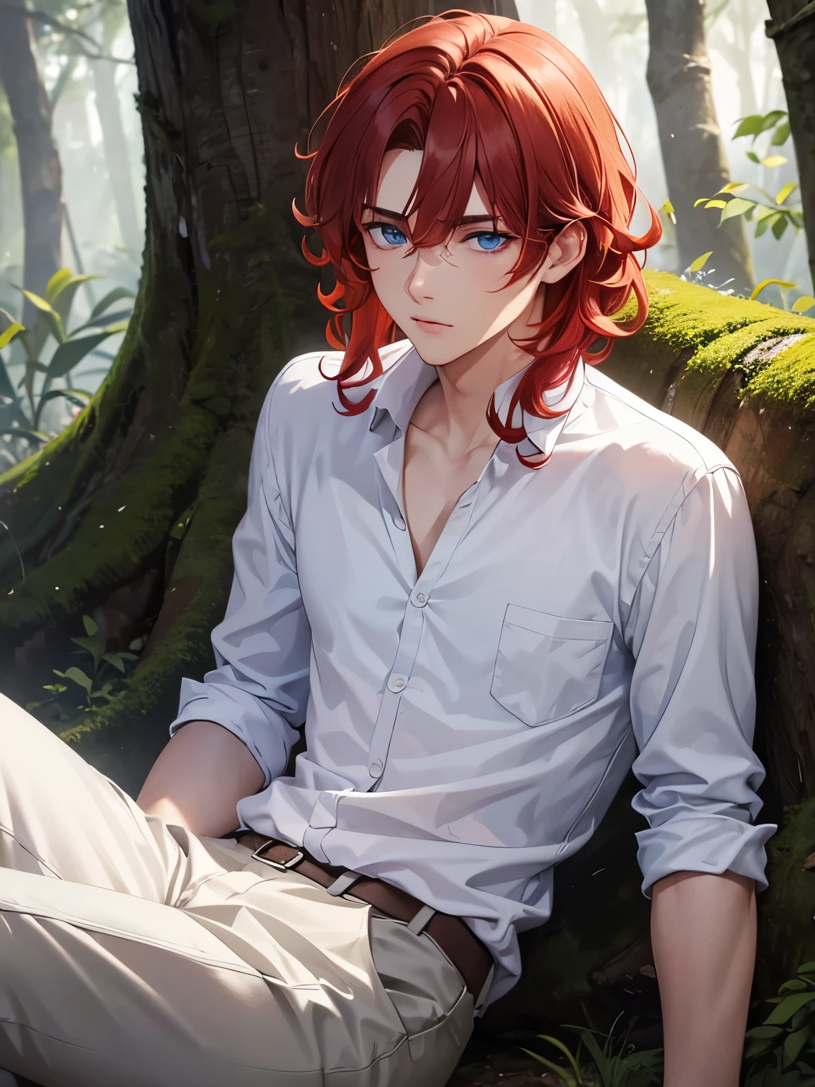 1young man,Werewolves,Sitting in the woods, looking away,,18 years old,guy,undercut hair style,red hair, Curly hair, shoulder length hair,white shirt, white trousers,ultra detail, perfect face, hd face, detailed face, masterpiece ,blue eyes, close up photo