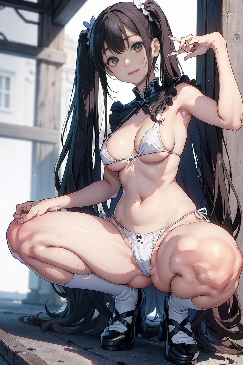 Masterpiece、Highest quality、Highest quality, (long and thin legs, shoes:1.2), squat、Spread your legs with both hands、1 girl, (smile、Open your mouth大笑い:1.2), Cute eyes, (Detailed face:1.3)、Open your mouth, The whole face turns red, alone, Oversized breasts, Big and ample breasts, (Straight bangs, Twin tails), White maid outfit、(Bust only super micro bikini:1.2)、Side bust、Underbust、belly button、Walking through the mansion'corridor、nsfw、shoes下