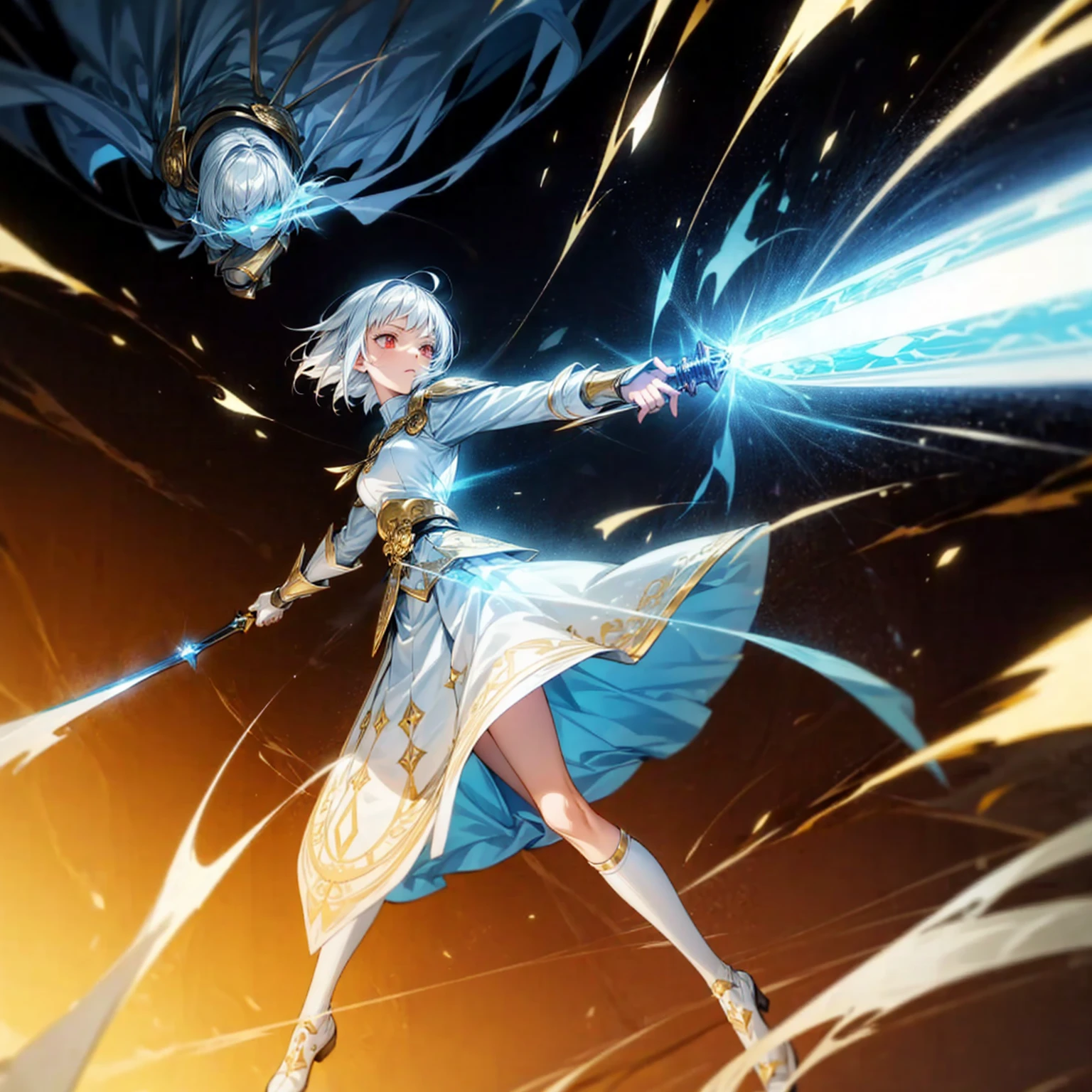 1girl, Full body version, 1character, light red eyes color, white skin, short hairstyle, white colour hair, templar knight style clothing, Long skirt, long socks, long boots, robes, (gold knife in hand), gold Shield in hand, full background, Grassroots background in village, motion blur, shadow, standing gesture, smoke effect, blue lighting effect, lighting blue knife, girl aura, plasma effect, Lightning, lightning flashes on the knife, blue lightning, full gold armor, armor, big hologram, (one piece style art)