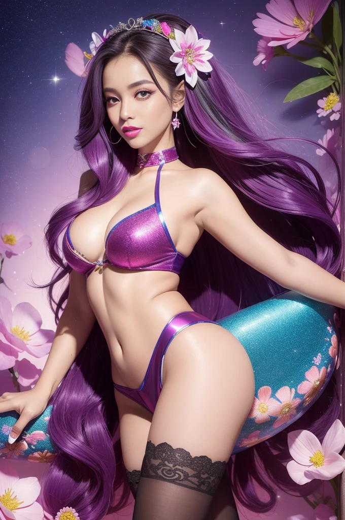 sexy Caribbean model who controls poison、beautiful smile、lip-gloss、long lashes、bold lipstick、colorful metallic makeup、look at the camera、full body Esbian、、sparkling poisoned flower costume、、、、sparkling Colorful hair、secrete poison、skull hair accessories、sexy tights、shiny sparkling flowers background