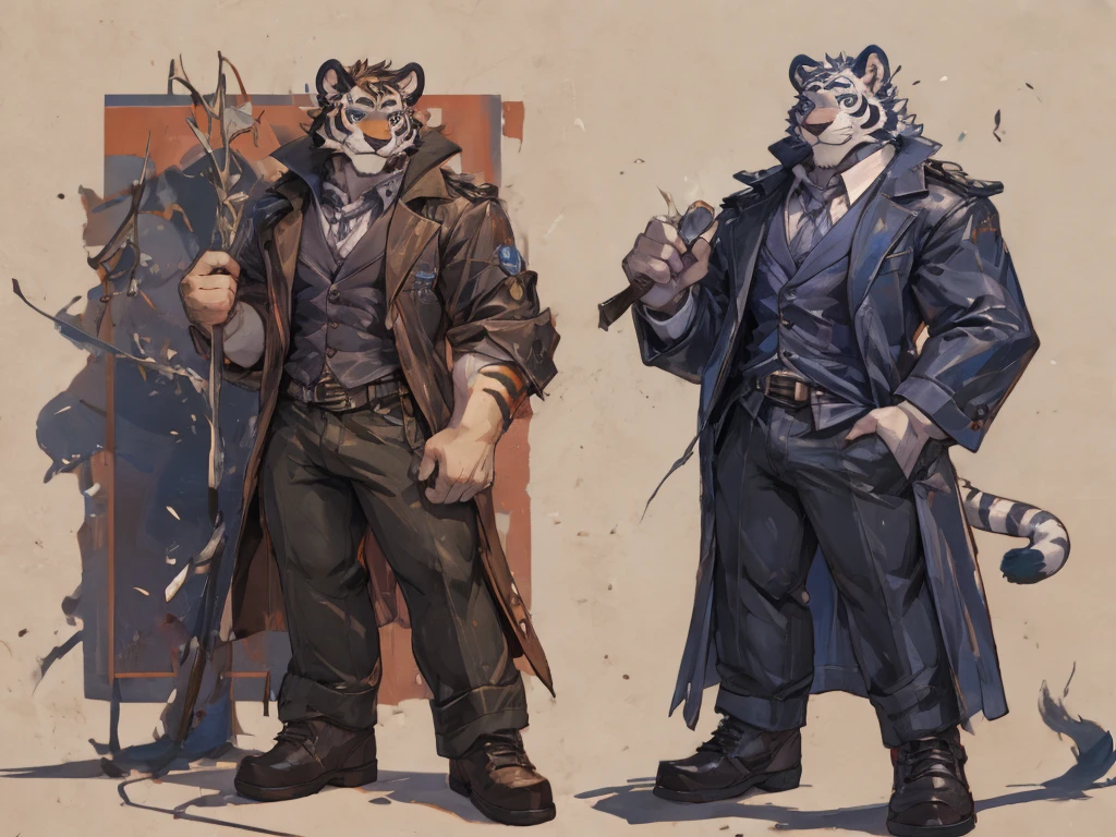 {{bara extremely handsome white tiger,}} {{white fur,}} white, wearing elegant ornate suit jacket, trousers, white dress shirt and necktie, white fluffy furry body and limbs, loafers, very tall, very broad shoulders, narrow waist, muscular arms, massive pecs, purple eyes, very long legs, massive bulge, sophisticated hot look, full body, 3/4 view, best quality, high quality, silver earring on left ear, sultry smirk, multiple views, character sheet