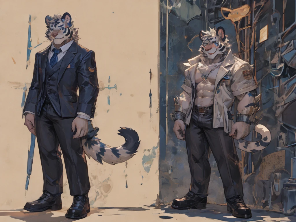 {{bara extremely handsome white tiger,}} {{white fur,}} white, wearing elegant ornate suit jacket, trousers, white dress shirt and necktie, white fluffy furry body and limbs, loafers, very tall, very broad shoulders, narrow waist, muscular arms, massive pecs, purple eyes, very long legs, massive bulge, sophisticated hot look, full body, 3/4 view, best quality, high quality, silver earring on left ear, sultry smirk, multiple views, character sheet