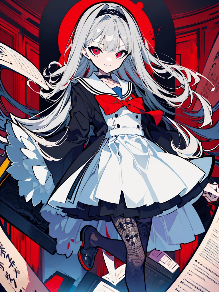 Golden Ratio,masterpiece,Highest quality,Super detailed,figure,Delicate and detailed,Intricate details,Cinematic Light,Highest qualityのバックライト,Clear lines,Perfect body,One Man,daughter,Gray Hair,Dual Horsetail,Red pupils,Expression of madness,overbite,Grinning smile,Becoming intimidating,上から見たfigure,World-weary face,Indifference,Slender body,Skull Hairband,Cross Hanging,there is a collar,Sailor suit,There is a jacket,Short skirt,Breathable black lace stockings,high sole shoes,Landmine Woman,Modern Style,Devil Tattoo,elements of christianity,A strong sense of body dynamics