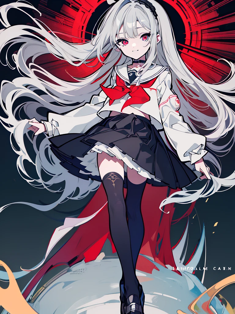 Golden Ratio,masterpiece,Highest quality,Super detailed,figure,Delicate and detailed,Intricate details,Cinematic Light,Highest qualityのバックライト,Clear lines,Perfect body,One Man,daughter,Gray Hair,Dual Horsetail,Red pupils,Expression of madness,overbite,Grinning smile,Becoming intimidating,上から見たfigure,World-weary face,Indifference,Slender body,Skull Hairband,Cross Hanging,there is a collar,Sailor suit,There is a jacket,Short skirt,Breathable black lace stockings,high sole shoes,Landmine Woman,Modern Style,Devil Tattoo,elements of christianity,A strong sense of body dynamics