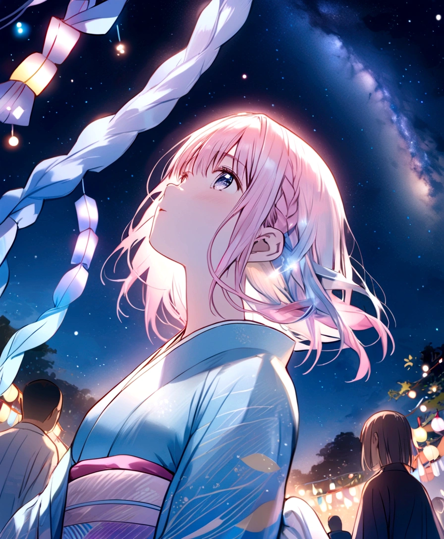 Light pink hair, braided hair, ((Tanabata Festival)), ((Pale blue kimono)), looking up at the night sky, ((Milky Way in the background))