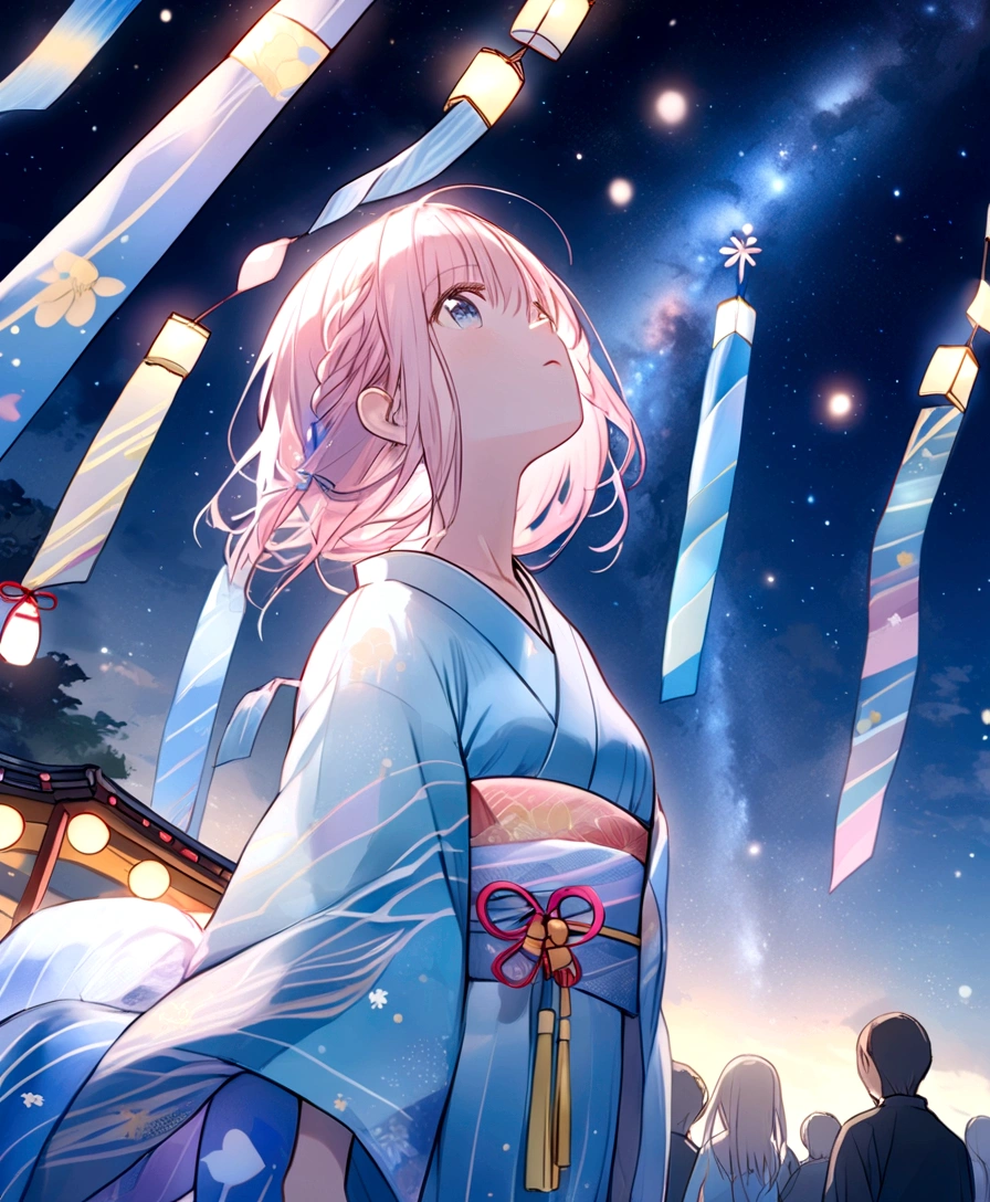 Light pink hair, braided hair, ((Tanabata Festival)), ((Pale blue kimono)), looking up at the night sky, ((Milky Way in the background))