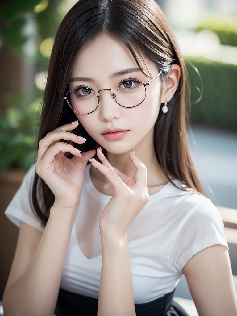 elegant woman, beautiful detailed eyes, beautiful detailed lips, extremely detailed eyes and face, long eyelashes, slender body, thin face, delicate features, flawless porcelain skin, glistening sweat, ultra-thin hands, ultra-fine fingers, best ratio four finger and one thumb, realistic, oversized T-shirt, mini skirt, one-person viewpoint, Fuji Film, F/1.2, 8K, masterpiece, nffsw, super detail, high quality, best quality, high resolution, glasses, mole under right eye, gravure pose, natural hand pose