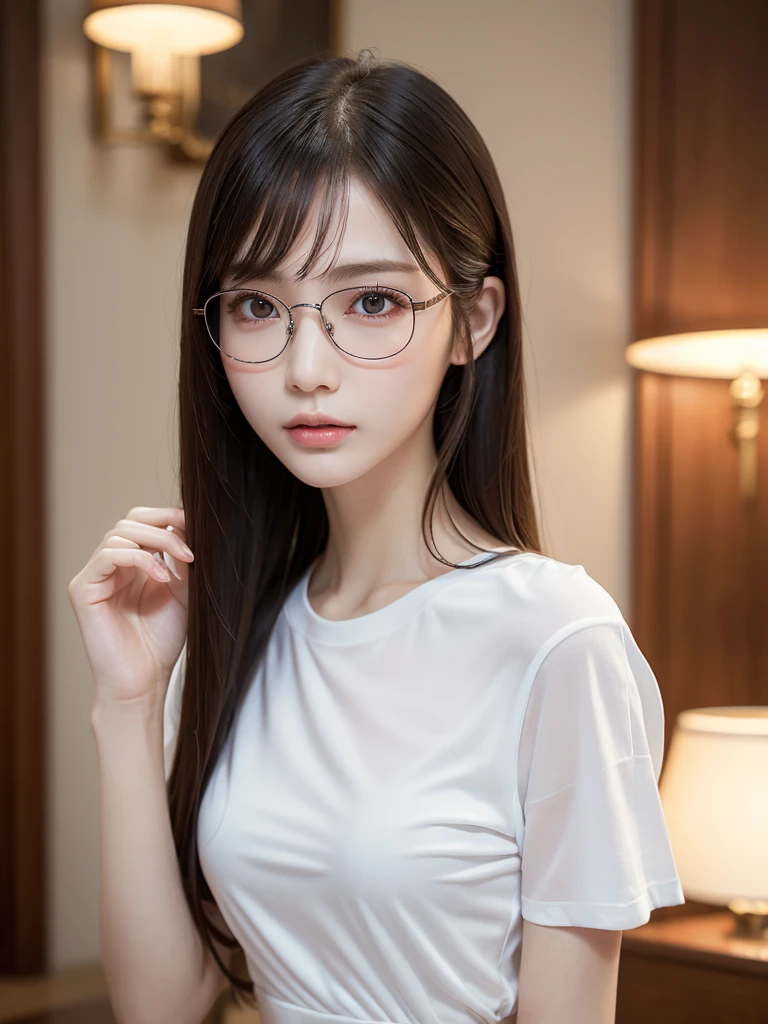 elegant woman, beautiful detailed eyes, beautiful detailed lips, extremely detailed eyes and face, long eyelashes, slender body, thin face, delicate features, flawless porcelain skin, glistening sweat, ultra-thin hands, ultra-fine fingers, best ratio four finger and one thumb, realistic, oversized T-shirt, mini skirt, one-person viewpoint, Fuji Film, F/1.2, 8K, masterpiece, nffsw, super detail, high quality, best quality, high resolution, glasses, mole under right eye, gravure pose, natural hand pose