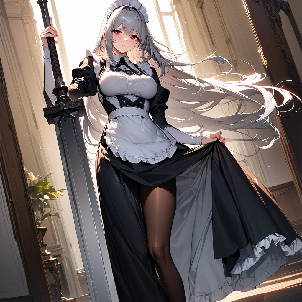 (masterpiece),(Highest quality),(Super detailed),(Best illustrations),(so beautiful), Beautiful Eyes, Perfect Face, Perfect hands, Perfect Fingers, hanging breasts, so beautiful長い脚, Silver Hair, Red eyes, Very long hair, pantyhose, Maid, headdress, apron, Long skirt, holding weapon, greatsword, carrying over shoulder