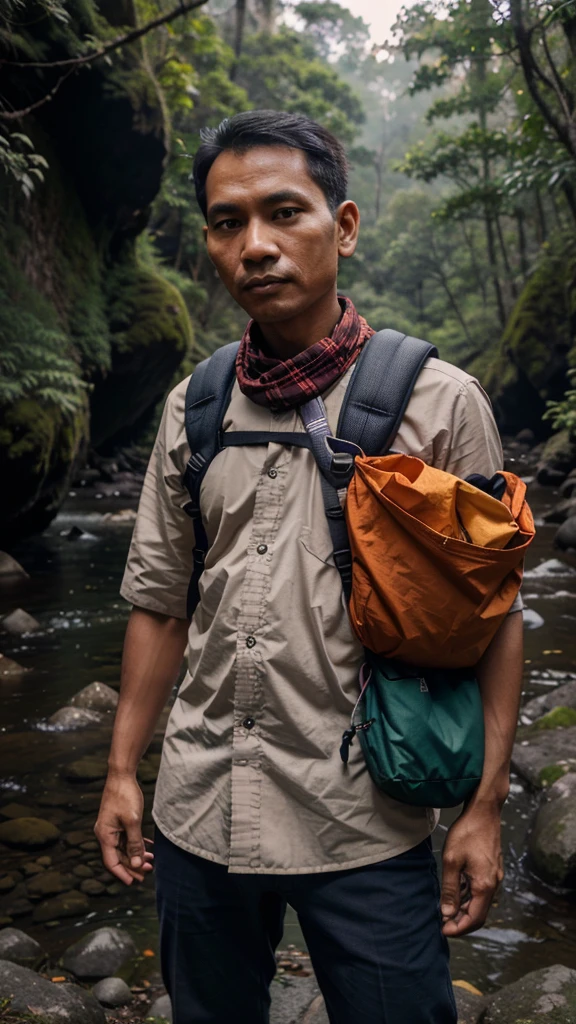(POV) a Javanese man with an oval face, rather thin, wears a checkered flannel shirt (maroon and dark blue), standing next to the edge of a steep cliff, carrying a carrier bag (deuter 70kg) colored (maroon), carrying trekking poles colored (orange), in the background deep forest, fog, a small rocky river,top view,4d, 32k UHD,realistic photography,ultra detailed,reflective surface.