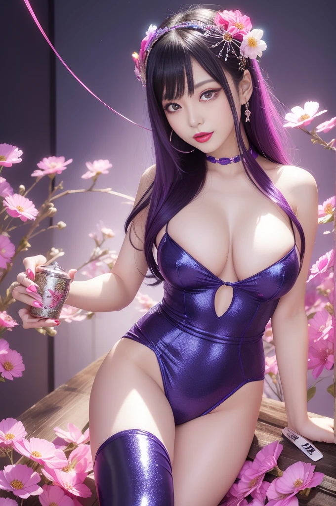 sexy Japanese model who controls poison、beautiful smile、lip-gloss、long lashes、bold lipstick、colorful metallic makeup、look at the camera、full body Esbian、、sparkling poisoned flower costume、、、、sparkling Colorful hair、secrete poison、skull hair accessories、sexy tights、shiny sparkling flowers background