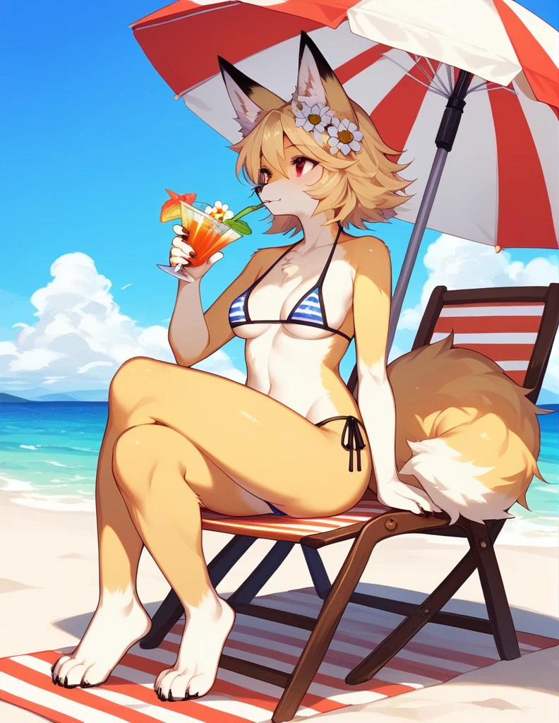 Solo, score 9, score 8, score 7, source code, kemono style, fox girl in antro-style, yellow fluffy body, yellow fox tail, black nose, blonde hair, loose hair, striped daisy duke micro bikini, thong, red eyes, grinning, outdoors, sunny day, majestic, looking into the distance, on the beach, sitting on a chair under an umbrella, in front of a food stand, cross-legged, barefoot, with a ring on his finger, 4 toes, holding a margarita, d artist: Amakuchi