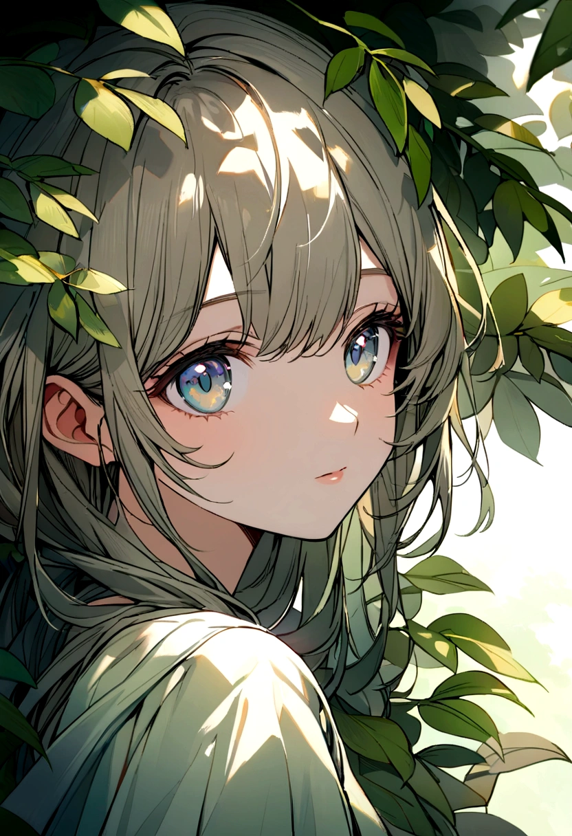 A close-up portrait of a beautiful girl with a backdrop of peaceful nature. Her eyes meet the camera with a soft, inviting gaze, and the background is filled with lush greenery and softly lit foliage. The serene environment adds to the tranquil mood. Intricate details, vibrant colors, serene ambiance, hd quality