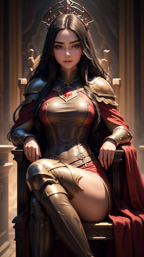 .best quality,masterpiece,Ultra-high resolution,(photoactual:1.4),AnReal Model,dark castle,Sitting on the throne,Cold and glamorous,noble,18 year old oriental devil female,red shawl long hair,Bright eyebrows red eyes.Wearing Western sexy light armor,A bright smile