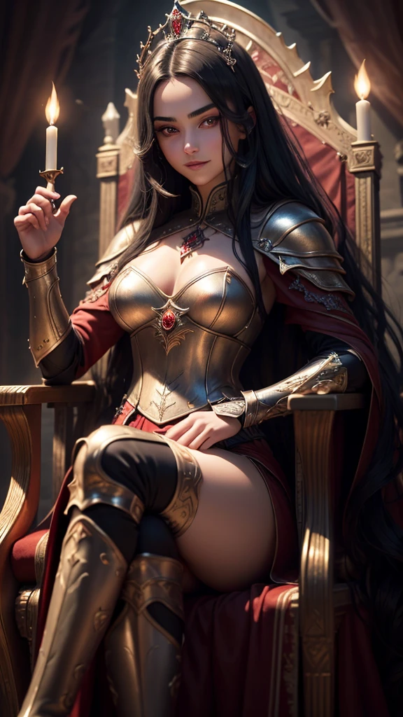 .best quality,masterpiece,Ultra-high resolution,(photoactual:1.4),AnReal Model,dark castle,Sitting on the throne,Cold and glamorous,noble,18 year old oriental devil female,red shawl long hair,Bright eyebrows red eyes.Wearing Western sexy light armor,A bright smile