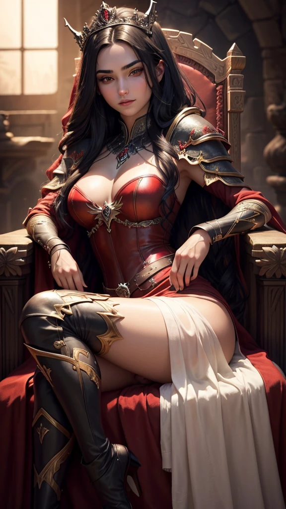 .best quality,masterpiece,Ultra-high resolution,(photoactual:1.4),AnReal Model,dark castle,Sitting on the throne,Cold and glamorous,noble,18 year old oriental devil female,red shawl long hair,Bright eyebrows red eyes.Wearing Western sexy light armor,A bright smile