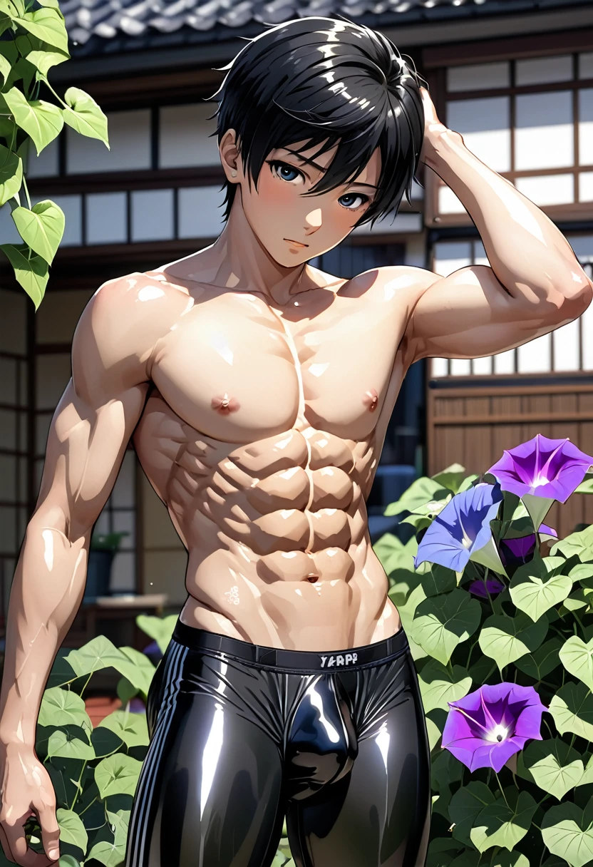 high quality, detailed, (16 years old japanese idol boy), (detailed black eyes), (black short hair), (abs:1.5), (shiny skin), (bulge:1.2),(detailed nipples), yard, Morning glory,