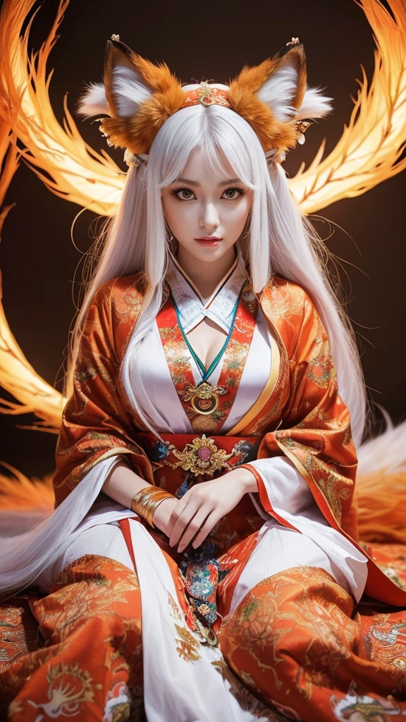 The fox queen sitting in front of a nine-tailed fox、(absurdly ,high quality , Super detailed,(See photographer ),(fox god,nine-tailed fox) ,beautiful long white hair,Costumes with detailed, beautiful and colorful patterns