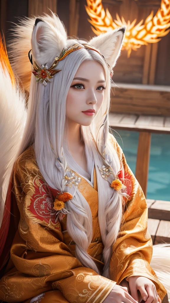 The fox queen sitting in front of a nine-tailed fox、(absurdly ,high quality , Super detailed,(See photographer ),(fox god,nine-tailed fox) ,beautiful long white hair,Costumes with detailed, beautiful and colorful patterns