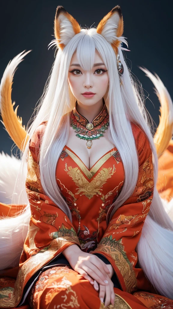 The fox queen sitting in front of a nine-tailed fox、(absurdly ,high quality , Super detailed,(See photographer ),(fox god,nine-tailed fox) ,beautiful long white hair,Costumes with detailed, beautiful and colorful patterns