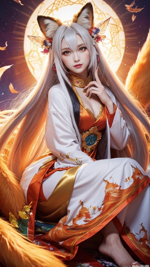 The fox queen sitting in front of a nine-tailed fox、(absurdly ,high quality , Super detailed,(See photographer ),(fox god,nine-tailed fox) ,beautiful long white hair,Costumes with detailed, beautiful and colorful patterns
