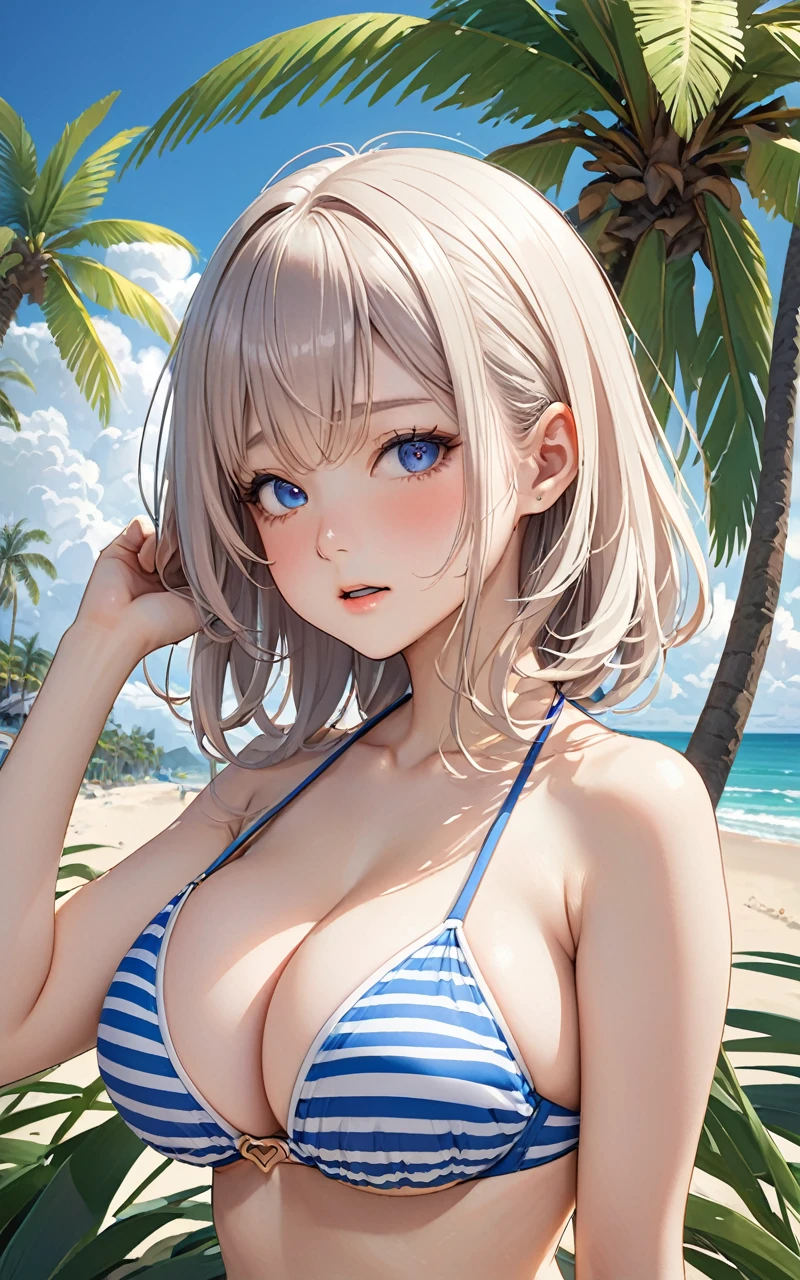 Highest quality、super high quality、16K, Delicious big breasts, The expression is embarrassed, The outfit is a bikini、The location is the beach、 Palm tree、cloud、The pose is with the chest pressed together、 Hair color is random、Hair length is short、The angle is from the top、Small face、Very delicate facial expressions、Delicate eye depiction、Highly detailed hair、Erotic、18-year-old female、Glowing Skin、Soft Skin、