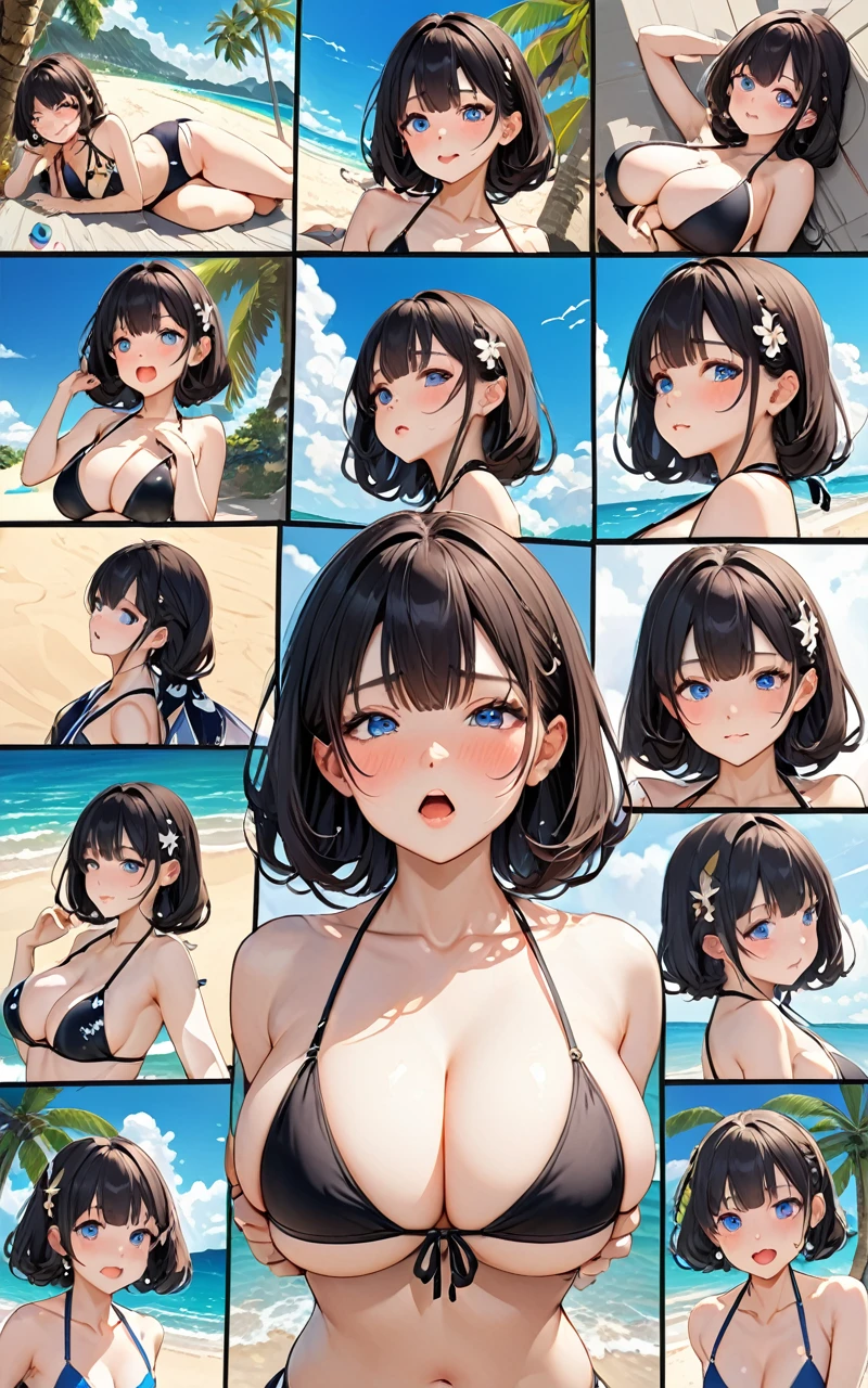 Highest quality、super high quality、16K, Delicious big breasts, The expression is embarrassed, The outfit is a bikini、The location is the beach、 Palm tree、cloud、The pose is with the chest pressed together、 Hair color is random、Hair length is short、The angle is from the top、Small face、Very delicate facial expressions、Delicate eye depiction、Highly detailed hair、Erotic、18-year-old female、Glowing Skin、Soft Skin、