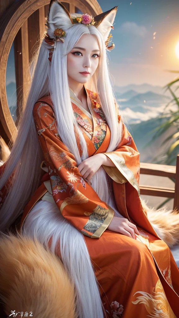 The fox queen sitting in front of a nine-tailed fox、(absurdly ,high quality , Super detailed,(See photographer ),(fox god,nine-tailed fox) ,beautiful long white hair,Costumes with detailed, beautiful and colorful patterns