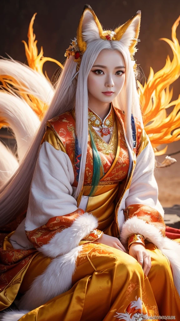 The fox queen sitting in front of a nine-tailed fox､(absurdly ,high quality , Super detailed,(See photographer ),(fox god,nine-tailed fox) ,beautiful long white hair，Costumes with detailed, beautiful and colorful patterns