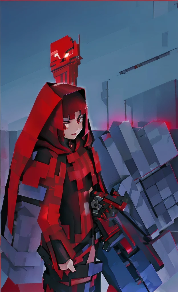 cartoon of a Girl in a red and black outfit with a blade, red demon cloak, villain wearing a assassin suit, red hooded assassin, crimson attire, assassin