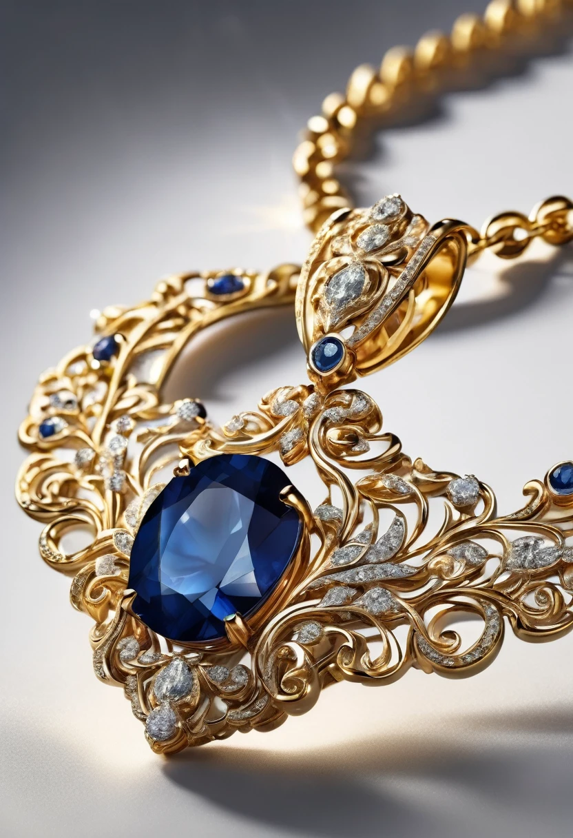 White background, a necklace with a sapphire stone, jewelry design, intricate details, photorealistic, 8k, best quality, highly detailed, masterpiece, precious gemstone, elegant, luxurious, shiny gold, flawless finish, realistic lighting, studio lighting, sharp focus, cinematic, chiaroscuro, dramatic lighting, glowing, atmospheric
