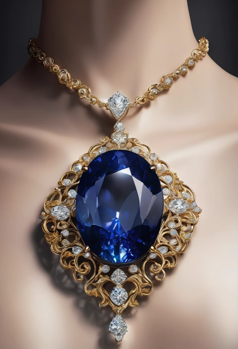 White background, a necklace with a sapphire stone, jewelry design, intricate details, photorealistic, 8k, best quality, highly detailed, masterpiece, precious gemstone, elegant, luxurious, shiny gold, flawless finish, realistic lighting, studio lighting, sharp focus, cinematic, chiaroscuro, dramatic lighting, glowing, atmospheric