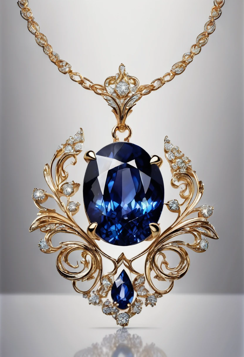 White background, a necklace with a sapphire stone, jewelry design, intricate details, photorealistic, 8k, best quality, highly detailed, masterpiece, precious gemstone, elegant, luxurious, shiny gold, flawless finish, realistic lighting, studio lighting, sharp focus, cinematic, chiaroscuro, dramatic lighting, glowing, atmospheric