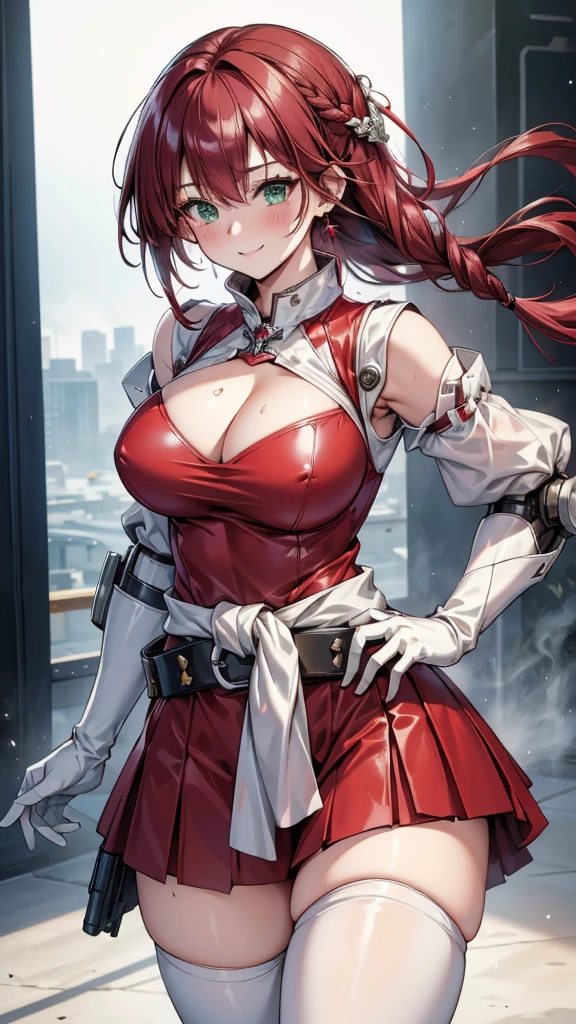 20-year-old girl，Crimson hair，side braid，Smile，Large Breasts，cleavage，Sheer red sleeveless top，Leave space in the middle to reveal cleavage，Soaked all over，Blushing，green eyes，Female spy，Red miniskirt，White gloves，White hand sleeves，White boots，Science fiction，Future，robot driver，There is a pistol on the back belt，No bangs，Wearing earrings only on one side，leather neck brace，There is a belt around the waist，Inside the robot cockpit