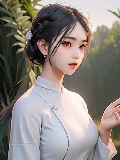 a beautiful girl in vintage colors aodai , masterpiece,( A green pine silk dress with a white top ) best quality, realistic:1.3, street, cyberpunk, holding bundle of adubon sunlight, backlighting, ((well pper Adhere to clear natural light hdr))), intricate scene, artstation, intricate details, vignettefullbudy((cartoon))