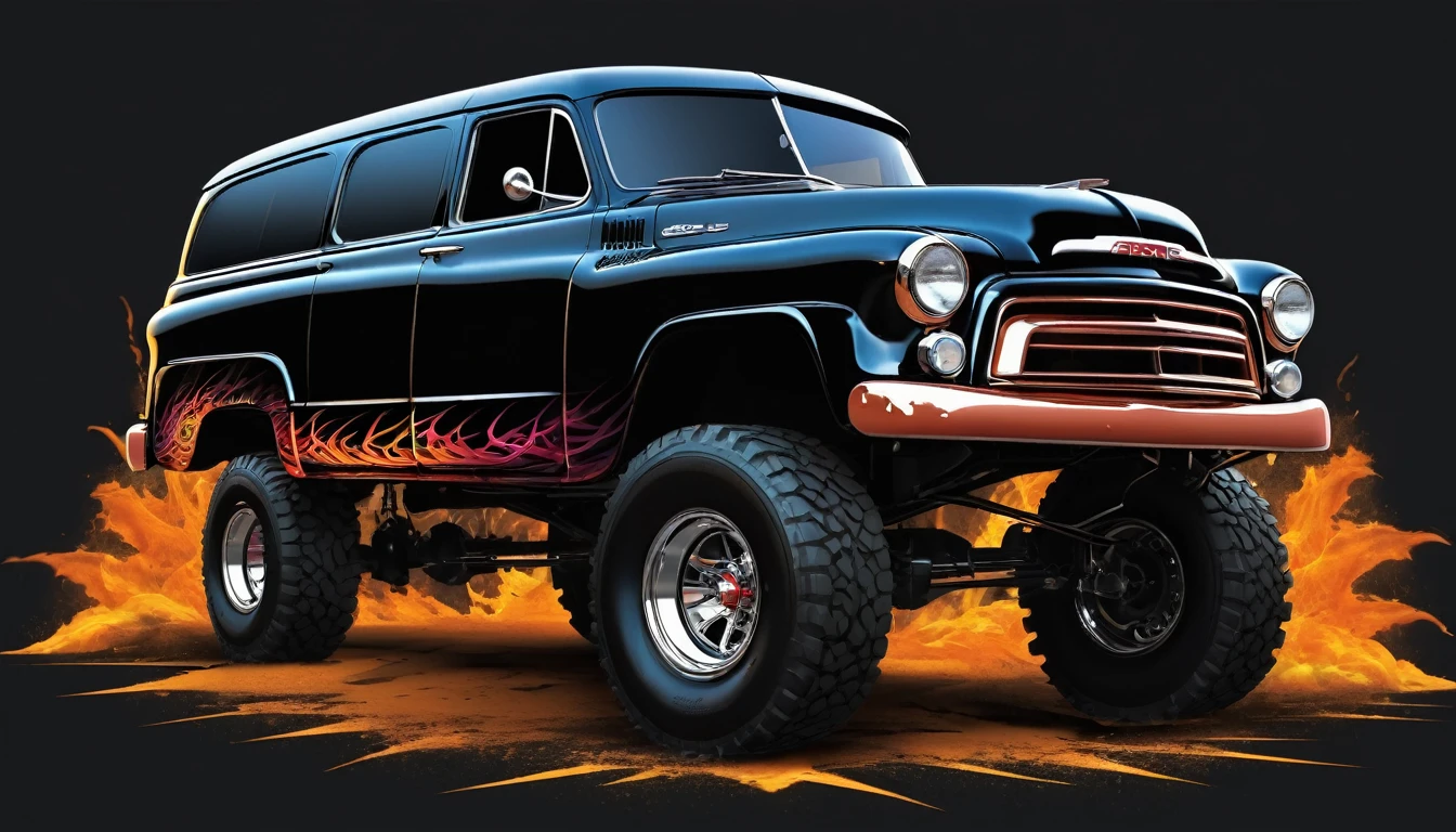 vector t-shirt art, Fantasyart, black backdrop, 1952 GMC Suburban Offroad Modified, crisp and sharp vector, detailed matte painting, abstract vector fractal