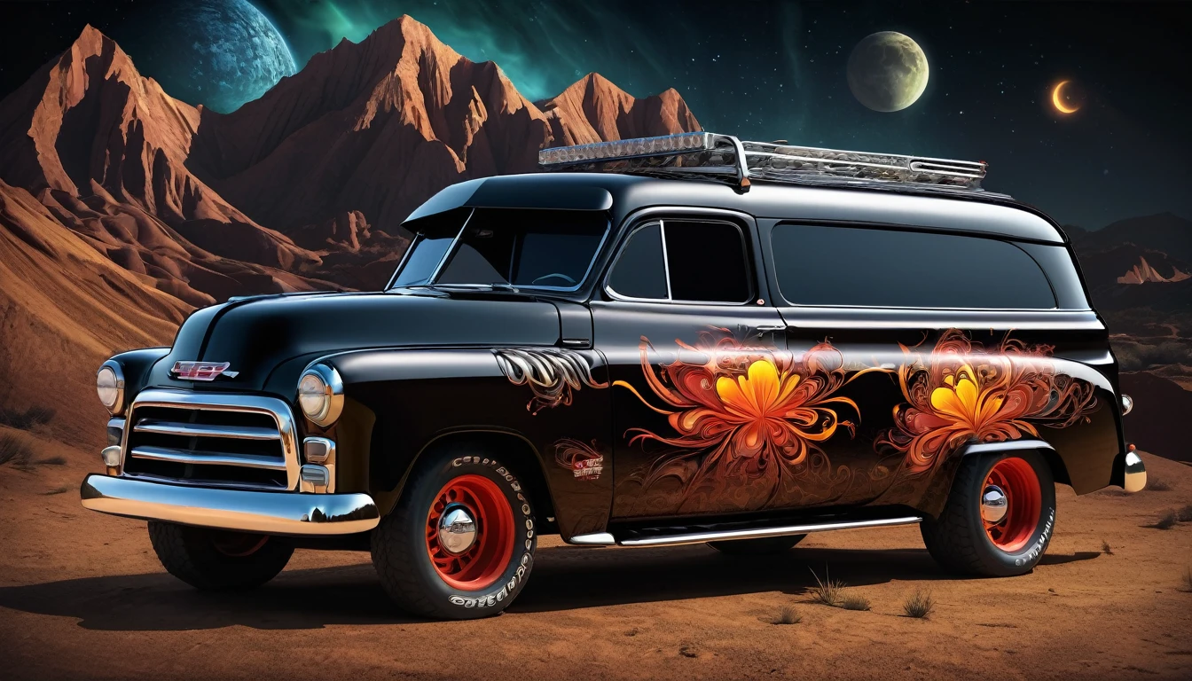 vector t-shirt art, Fantasyart, black backdrop, 1952 GMC Suburban Offroad Modified, crisp and sharp vector, detailed matte painting, abstract vector fractal