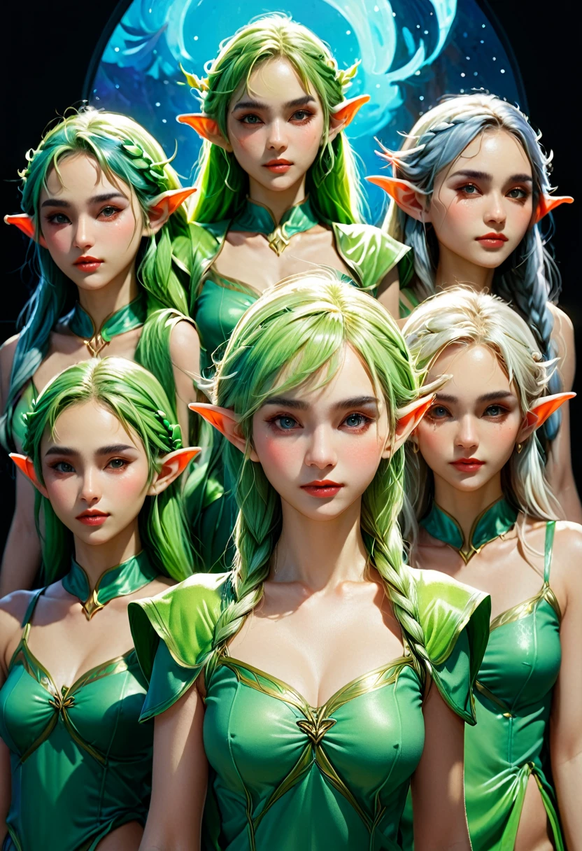 (((masterpiece))), Highest quality, Depicting a group of beautiful female elves、Highly detailed gouache style painting portrait, Smooth Shadows, Ultra-realistic textures, 8K, Highest quality, Characteristics of realistic manga, Stylized illustration, Smooth Shadows, Correct Anatomy, chromatic aberration, Neon Highlights, Global Warming Light, Dynamic pose, Expressive