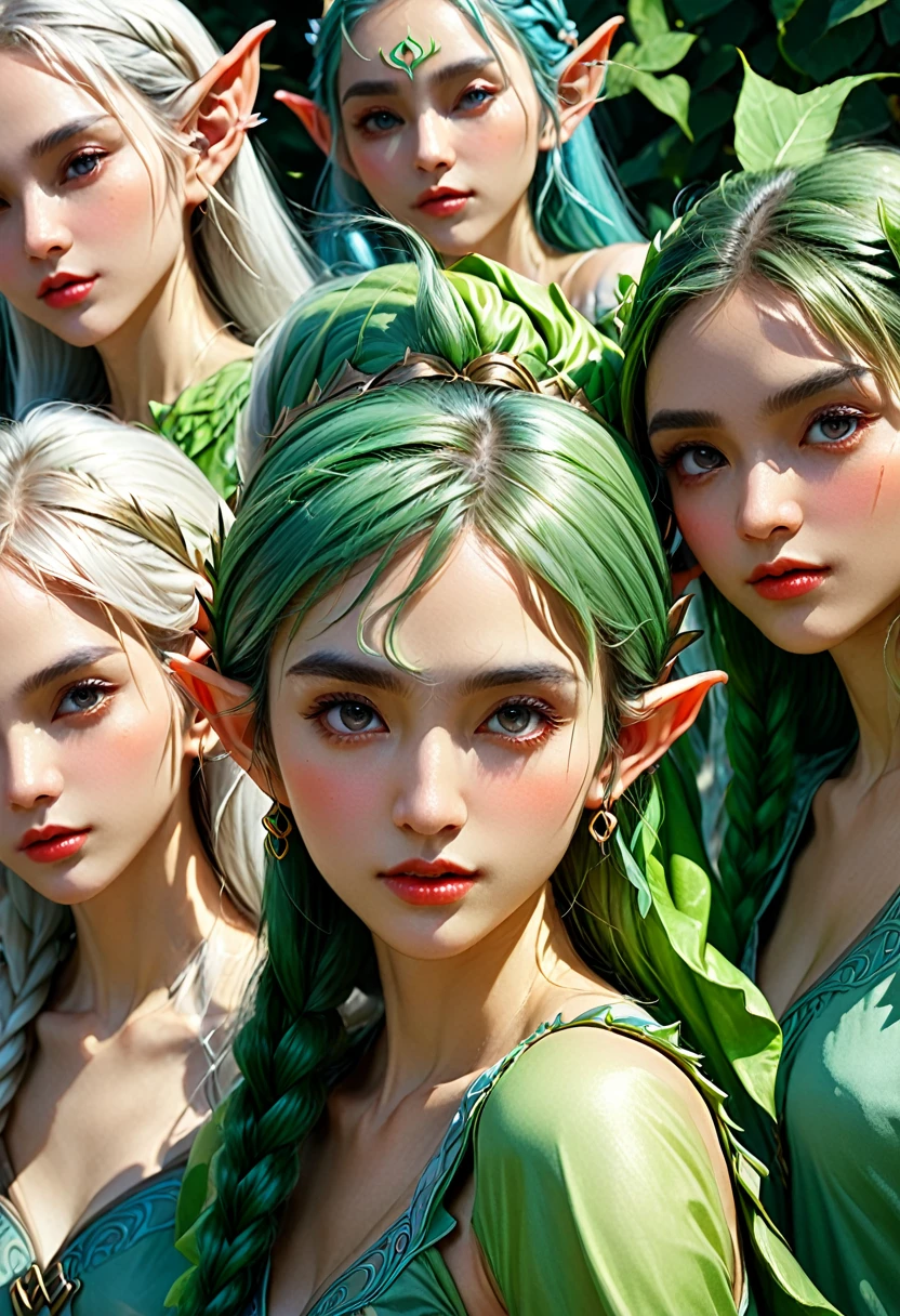 (((masterpiece))), Highest quality, Depicting a group of beautiful female elves、Highly detailed gouache style painting portrait, Smooth Shadows, Ultra-realistic textures, 8K, Highest quality, Characteristics of realistic manga, Stylized illustration, Smooth Shadows, Correct Anatomy, chromatic aberration, Neon Highlights, Global Warming Light, Dynamic pose, Expressive